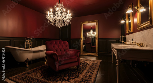 Luxury bathroom with antique furniture chandelier mirrors and a relaxing atmosphere