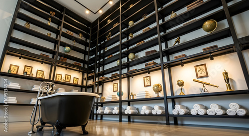 Luxury bathroom with bookshelves and a clawfoot bathtub creating a relaxing interior design