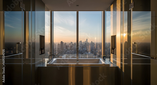 Luxury Bathroom With Panoramic Cityscape View During Golden Hour For Relaxation