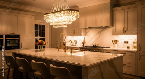 Luxurious kitchen interior with a stunning chandelier and marble countertop design