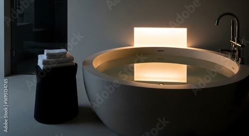 Luxury bathroom with round bathtub, towels, and modern design with warm lighting