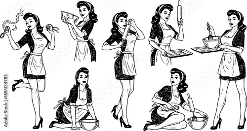 Sexy Retro Cook Pin-Up Vector Set – Vintage Kitchen Women Illustration Collection