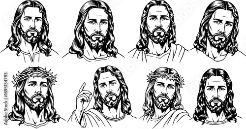 Jesus Christ Portraits Vector Set – Collection of Various Religious Faces and Christian Illustrations