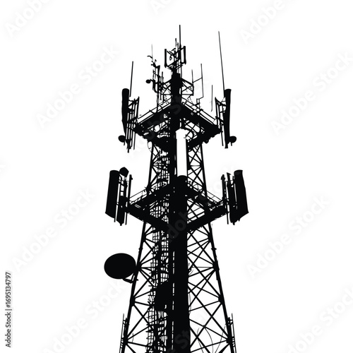 Abstract Silhouette of a Communication Tower with Antennae and Dishes Against a White Background