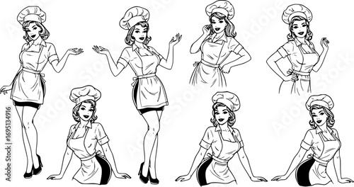 Sexy Retro Cook Pin-Up Vector Set – Vintage Kitchen Women Illustration Collection