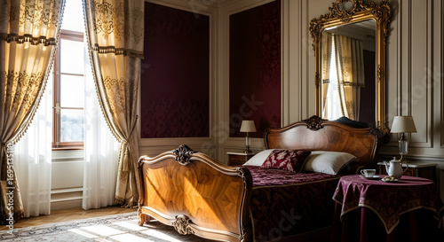 Luxury bedroom interior design featuring a grandiose bed, curtains, and antique decor elements
