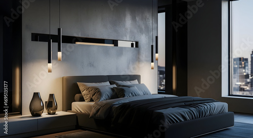 Luxury bedroom interior design with modern lighting and a panoramic city view