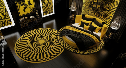 Luxury Bedroom Interior With Bold Graphic Designs In Black And Gold Tones