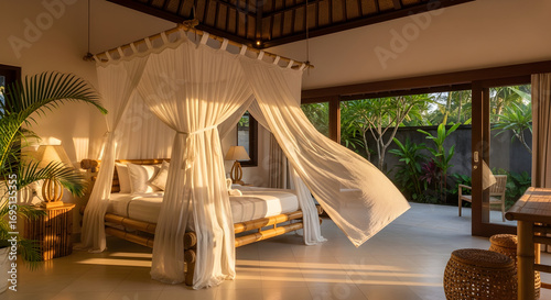 Luxury bedroom interior with canopy bed and warm lighting, Bali style
