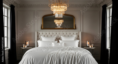 Luxury bedroom interior with elegant bed and decorative chandelier minimalist design