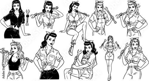Mechanic pin-up girls collection, vintage grease-girl beauties holding wrenches, retro tough woman vector illustration set