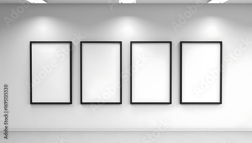 Four blank picture frames in an art gallery
