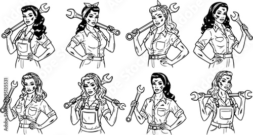 Mechanic pin-up girls collection, vintage grease-girl beauties holding wrenches, retro tough woman vector illustration set