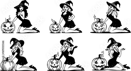 Kneeling witch pin-up set, vintage flirty woman with pointed hat and pumpkin, retro black line vector illustration poses