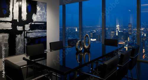 Luxury Boardroom with Cityscape Night View and Abstract Wall Art Decoration
