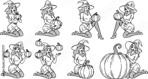 Halloween Pin-Up Vector Collection – Retro Witch, Devil Girl with Jack o Lantern, Vampire Beauty, Spooky Vintage Character Set