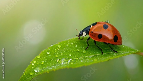 Ladybug on dew-kissed leaf