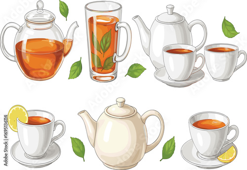 Tea cups and teapots illustration, herbal tea glass, lemon tea cup, hot beverage, green leaves, relaxation, drink concept, freshness
