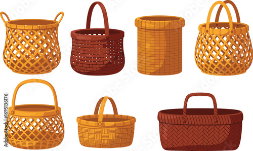 Wicker baskets illustration, traditional handwoven basket collection, picnic basket, storage container, natural material, craft design, household item, rustic style