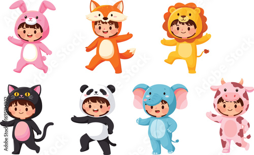 Cute kids wearing animal costumes illustration, rabbit, fox, lion, cat, panda, elephant, cow, cartoon style, playful children characters
