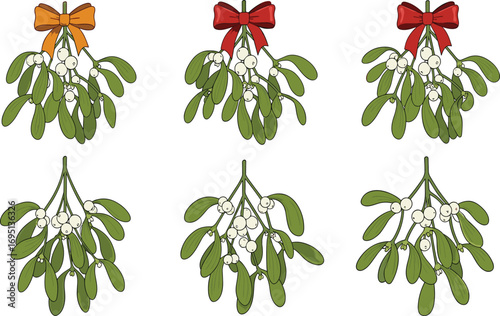 Christmas mistletoe decoration illustration, holiday greenery, festive plant with red bow, traditional winter symbol, seasonal ornament, botanical design, celebration element