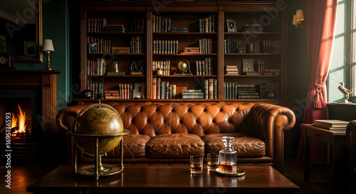 Luxurious library room with a vintage leather chesterfield sofa, fireplace and books