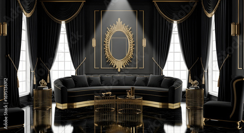 Luxury living room interior with black and gold design featuring elegant furniture