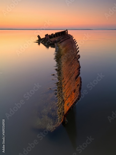An old shipwreck juts out from the calm water, covered in barnacles, as the sun sets in a stunning display of colors. The tranquil scene showcases nature's beauty and history