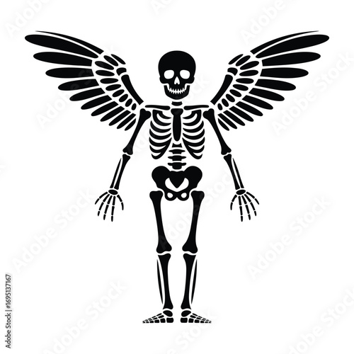 Illustration of a skeleton with wings, a spooky and gothic design element for halloween or alternative themes, vector art