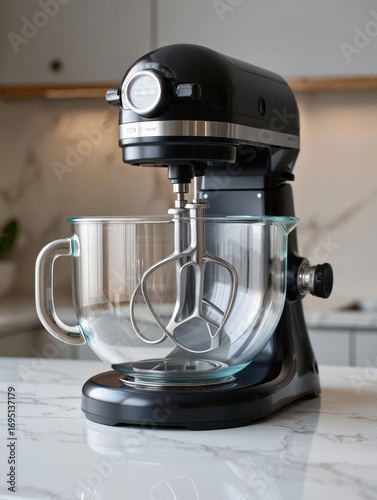 A sleek black stand mixer is placed on a marble countertop in a contemporary kitchen