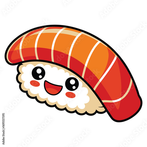 A delightful salmon sushi cartoon character, radiating joy with its adorable smile and rosy cheeks, a culinary delight
