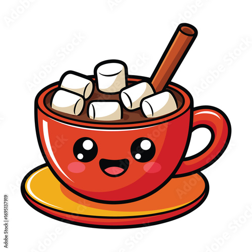 A cozy cup of hot chocolate with marshmallows and a cinnamon stick, , featuring a cute face, perfect for a warm drink illustration