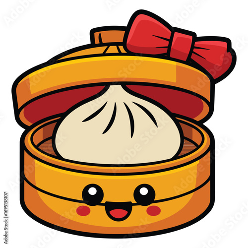 Adorable dumpling character in a bamboo steamer this cute food illustration features a happy face and a red bow, perfect for stickers