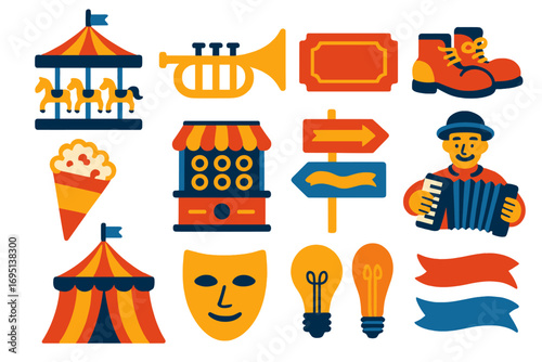 Vintage Carnival Icons. Flat vector icons of vintage carnival: old-style carousel, brass trumpet, classic ticket stub, vintage