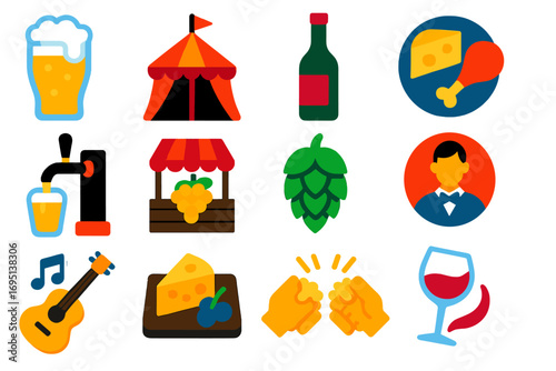 Beer and Wine Icons. Flat vector icons of beer and wine festivals: beer glass, tasting tent, wine bottle, food pairings, brewery