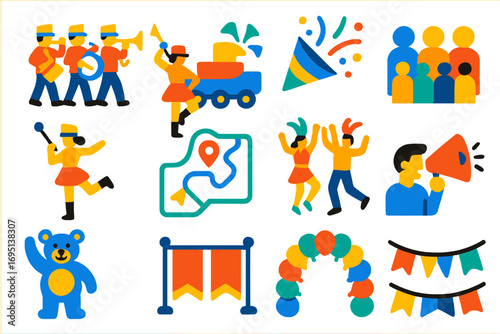 Parade Icons Set. Flat vector icons of parades: marching band, parade float, confetti blast, street crowd, baton twirler, parade