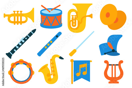 Instrument Parade Icons. Flat vector icons of instrument parade elements: brass trumpet, snare drum, tuba, cymbals, clarinet,