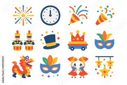 New Year Parade Icons. Flat vector icons of New Year parades: firework burst, countdown clock, streamer blast, drummers in gold,