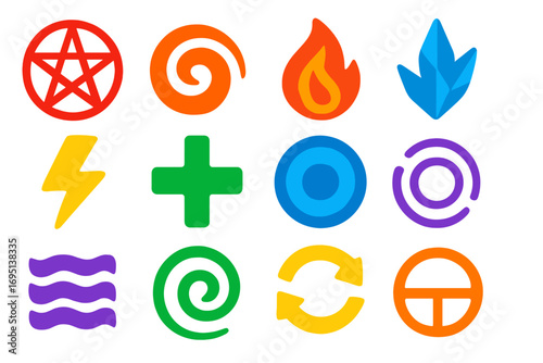 Modern Magic Icons. Flat vector icons of magic symbols: pentagram, energy swirl, flame rune, ice shard, lightning crack, healing