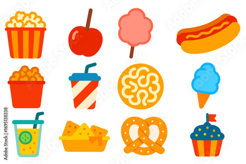 Bold Circus Snack Icons. Flat vector icons of circus snacks: popcorn bucket, candy apple, cotton candy stick, hot dog, caramel