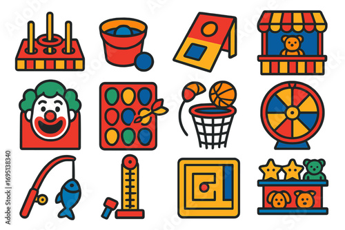Circus Game Icons. Flat vector icons of circus games: ring toss, ball in bucket, bean bag throw, prize booth, clown mouth toss,