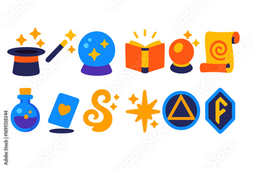 Magic Icons Collection. Flat vector icons of magic: magician hat, magic wand, crystal ball, levitating book, glowing orb,