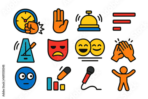 Comedy Timing Icons. Flat vector icons of comedy timing: clock with punchline, pause hand, timing bell, joke pacing lines, rhythm