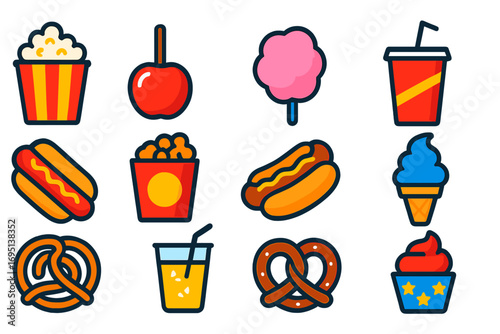Bold Circus Snack Icons. Flat vector icons of circus snacks: popcorn bucket, candy apple, cotton candy stick, hot dog, caramel