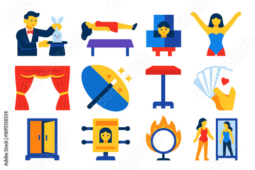 Stage Magic Icons. Flat vector icons of stage magic: magician pulling rabbit, levitation stage, box trick, assistant pose,