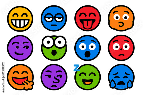 Comedic Expression Icons. Flat vector icons of comedic expressions: wide grin, eye roll, tongue out, puffy cheeks, wink and smirk,