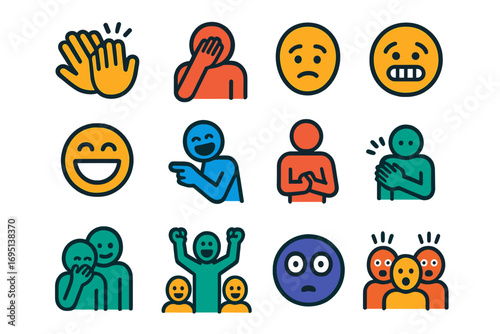 Flat Crowd Reaction Icons. Flat vector icons of crowd reactions: hands clapping, facepalm, awkward smile, huge laugh, pointing