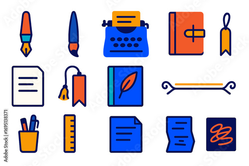 Poetic Tools Icons. Flat vector icons of poetic tools: fountain pen, calligraphy brush, vintage typewriter, handmade journal,