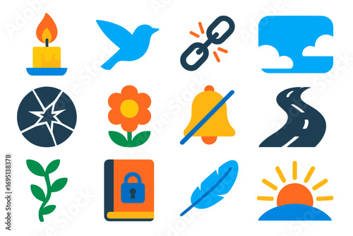 Bold Metaphorical Icons. Flat vector icons of metaphors and symbols: burning candle, flying bird, breaking chain, open sky,
