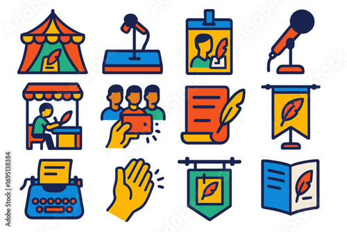 Poetic Festival Icons. Flat vector icons of poetic festivals: poetry tent, open mic stage, poet badge, live reading mic, writing